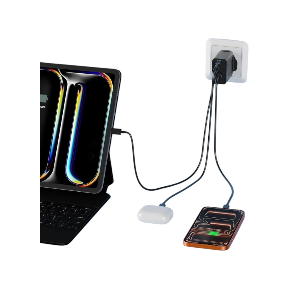 65W Super Fast Charger, 3 Port for All Type of Mobiles Phones | 3-Ports: USB-C(PD3,0 PPSMax65-W), USB-C(PD 3,0 PPS Max 25-W), USB-A(Max15-W) (Adapter with 1M Type_C Cable)