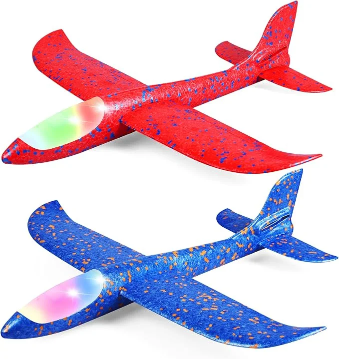 2 Pack LED Light Airplane,17.5" Large Throwing Foam Plane,2 Flight Mode Glider Plane,Flying Toy for Kids,Gifts for 3 4 5 6 7 8 9 Years Old Boy,Outdoor Sport Toys Birthday Party Favors Foam Airplane