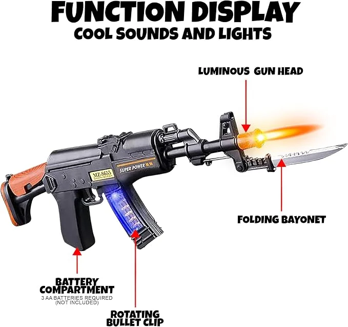 ArtCreativity Light Up Toy Machine Gun with Folding Bayonet by , Cool LED, Sound and Vibration Effects, 16" Pretend Play Military Submachine Pistol, Batteries Included, Great Gift for Boys and Girls