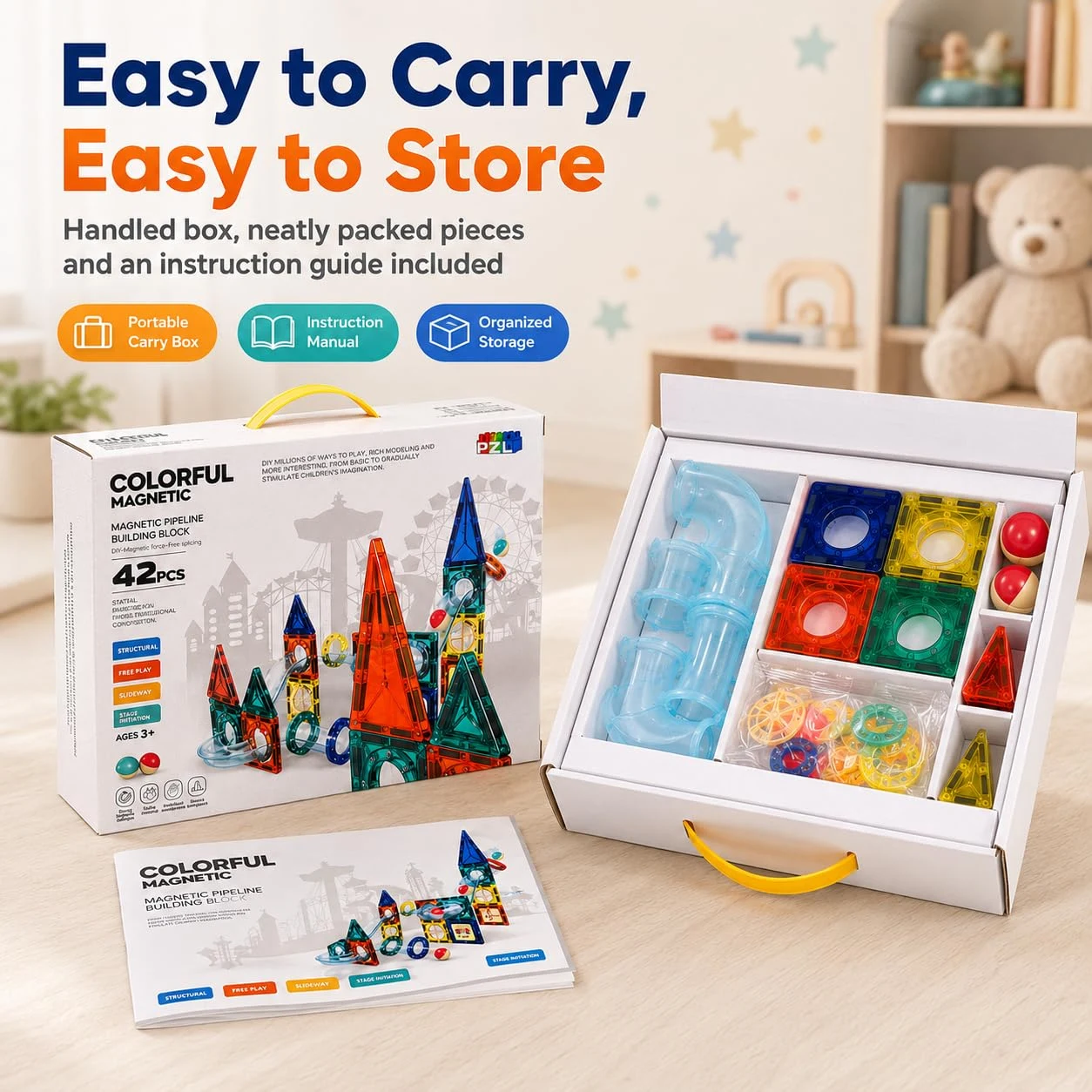 Magnetic Pipeline Building Blocks for Kids | 42 Pieces Magnetic Construction Toy with Slideway Pipes, Balls & Stickers | Creative STEM Building Set for Kids Age 3+
