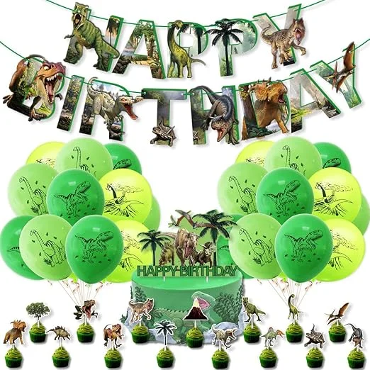 JOATFENR Happy Birthday Banner with Cake Toppers for Kids, Dinosaur Themed Birthday Cake Decorations for Girls Boys,Happy Birthday Sign for Teens, Party Banner Birthday Party Favors Supplies