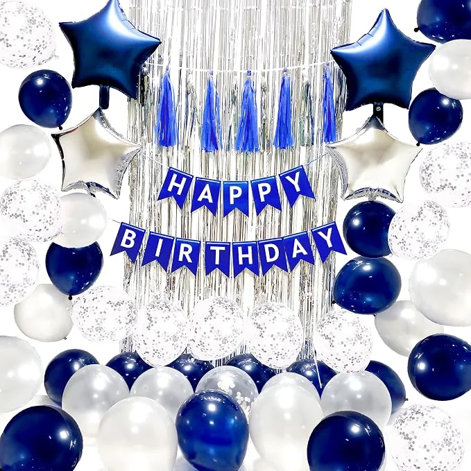 Blue and Silver Party Decoration Set, Happy Birthday Banner, Tassle Fringe, Foil Star Balloons, Confetti Balloons, Complete Decoration Kit