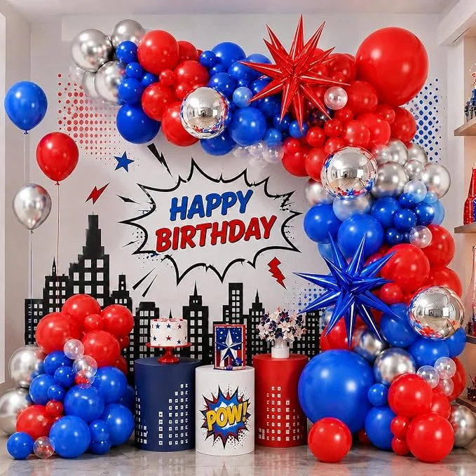 Red Blue Silver Balloon Arch Garland Kit, Red Royal Blue Latex Balloons 4D Ball Explosion Star Foil Balloons for Boys Baby Shower Party Graduation 4th of July Baseball Birthday Party Decor