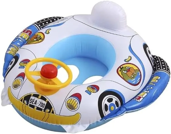 Inflatable Baby Swimming Float with Steering Wheel, Car Design Pool Ring, White and Blue Kids Water Seat, Safety Handle