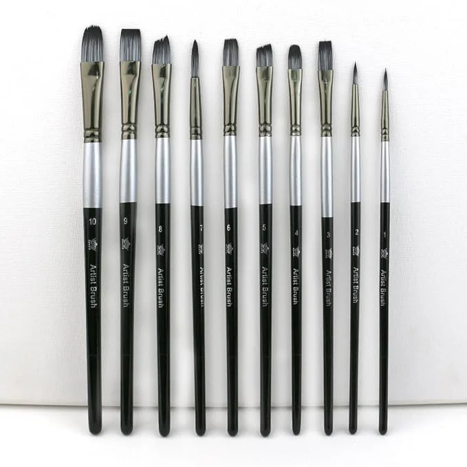 Paint Brushes Set, Watercolor and Acrylic, 12 Types Bristles, Aluminium Tube, Birch Holder (Silver and Black Combination)