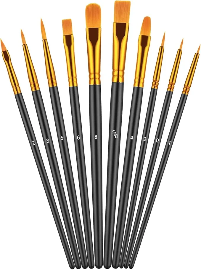 10Pcs Paint Brush Set, Small Round Detail Tips, Black Made with nylon hair & wooden handles. Ideal for acrylic, oil & watercolor, canvas, rock & face painting, adult art supplies