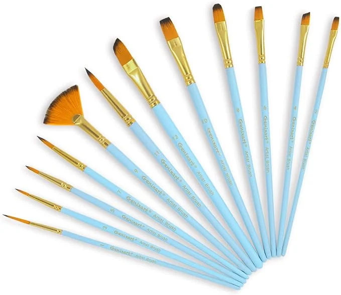 Genixart Artist Paint Brushes for Art Painting, Acrylic, Oil, Watercolor Small Paintbrushes for Nail Face Body, Short Handle, Soft Nylon Hair, Round Flat Angle Filbert, Assorted 12 Pack, SkyBlue